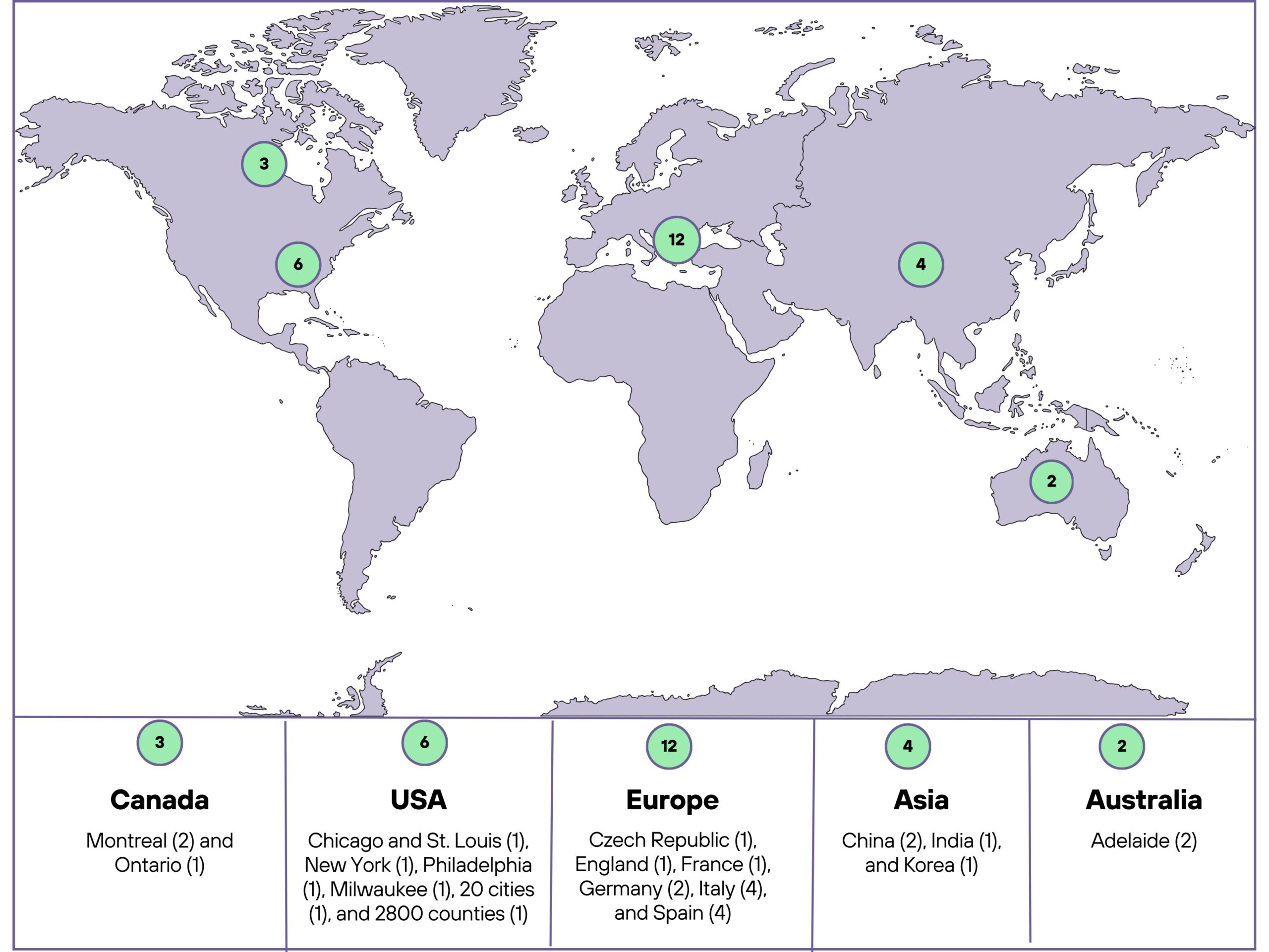 World map showing the geographic distribution of studies on heat-health warning systems