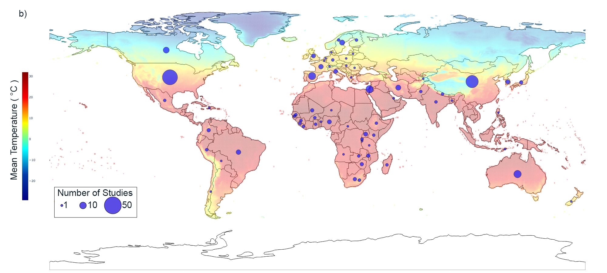 heat_map_v4_nature (2) Distribution of 198 studies by annual mean temperature