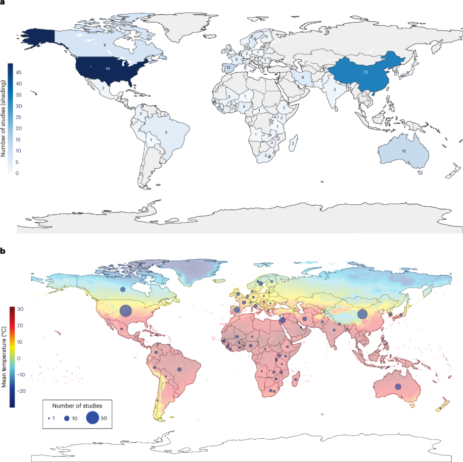 Geographical and climate zone distribution of heat exposure studies World maps showing the distribution of studies on heat exposure and maternal, fetal and neonatal health by country and annual mean temperature.