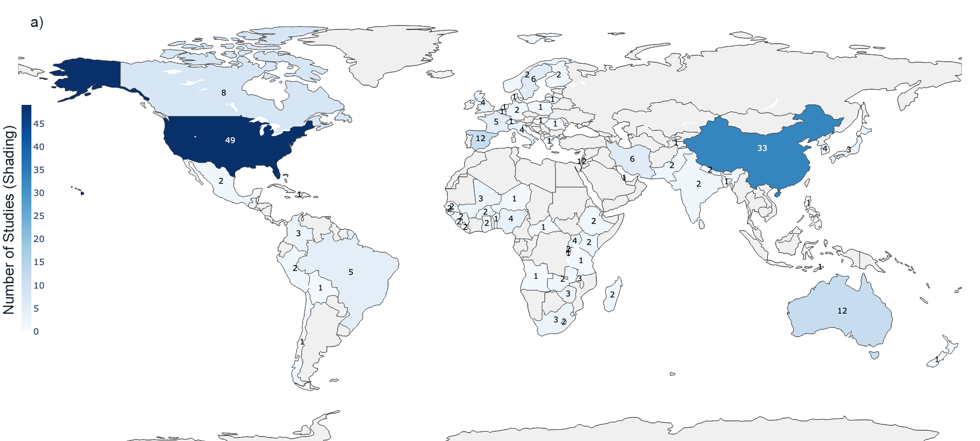Distribution of 198 studies by country