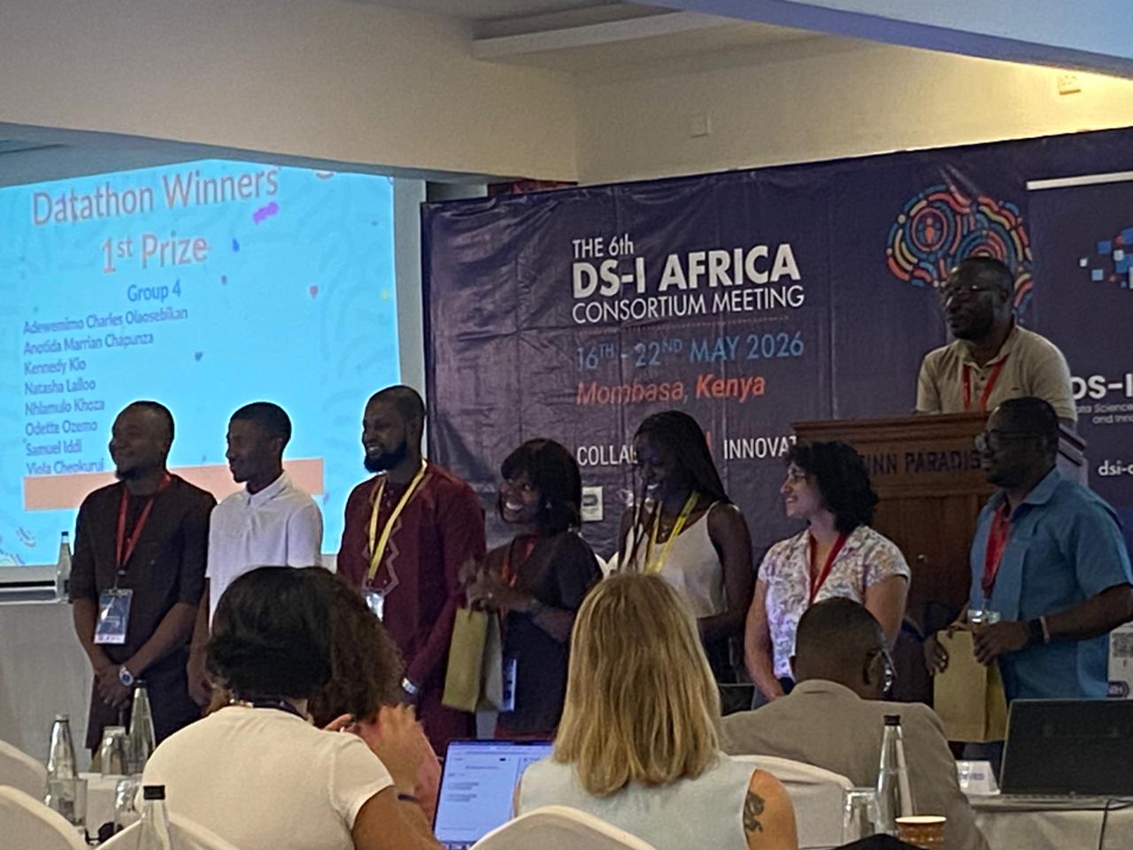 Datathon winners on stage at the 6th DS-I Africa Consortium Meeting in Mombasa, Kenya